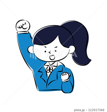 ブレザーを着た女子学生が元気にガッツポーズをしているシンプルな手描きイラスト 122017368