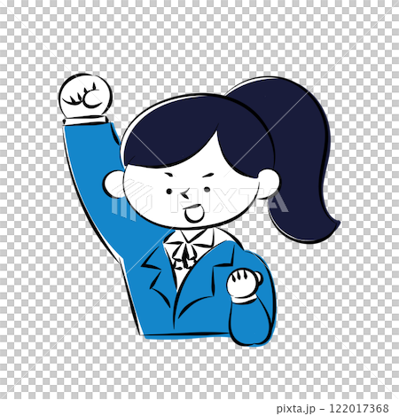 ブレザーを着た女子学生が元気にガッツポーズをしているシンプルな手描きイラスト 122017368