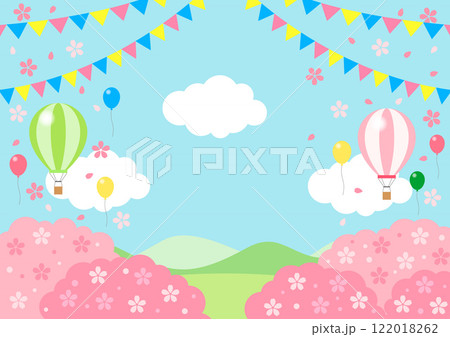 春の行楽背景、横、桜、イラスト、かわいい、風船、気球、空 122018262