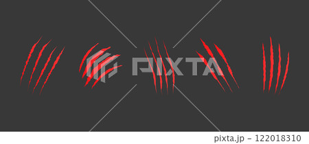 Cat scratch. Red claw scratches set isolated on black background. Dragon, bear or tiger claw marks. Halloween monster paw scratch trace on surface. Flat vector illustration 122018310