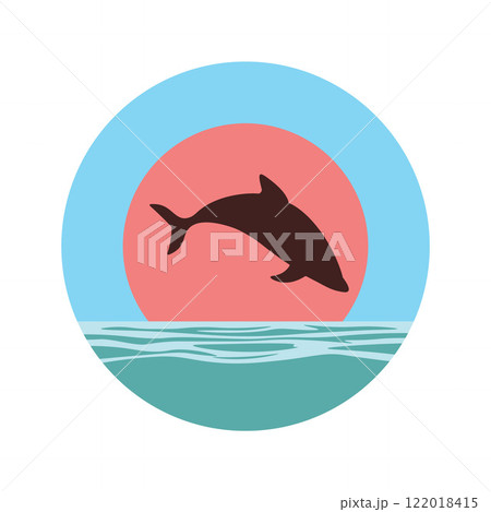 Dolphin Silhouette Jumping on the Ocean Surface with Sun Circle in Summer Bright Sky 122018415