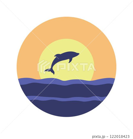 Dolphin Silhouette Jumping on the Ocean Surface with Sun Circle at Sunset Sunrise Dolphin Silhouette Jumping on the Ocean Surface with Sun Circle at Sunset Sunrise 122018423