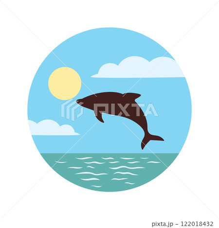 Dolphin Silhouette Jumping on the Ocean Surface with Sun Circle in Summer Bright Sky 122018432