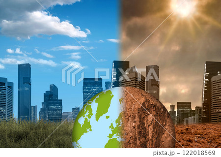Earth with a view of cityscapes with skyscrapers and modern buildings in different weather Earth with a view of cityscapes with skyscrapers and modern buildings in different weather 122018569