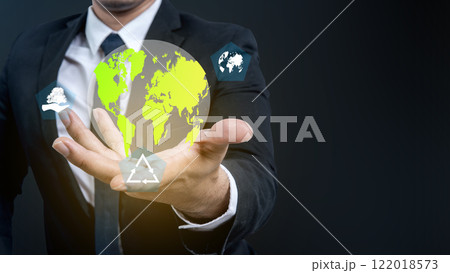Business hand shows virtual earth Business hand shows virtual earth 122018573