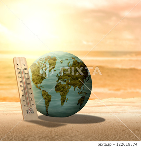 Earth and an analog thermometer with a high or heat temperature indicator 122018574