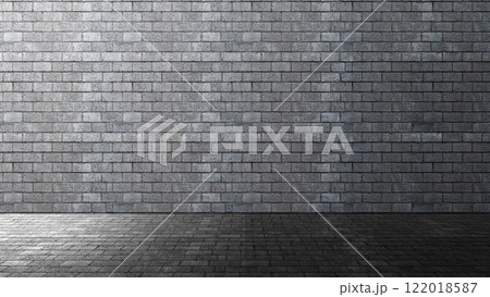 Black wall with black floor. Abstract pattern of a brick wall and floor. Mockup. Copy space. Wallpaper or texture background Black wall with black floor. Abstract pattern of a brick wall and floor. Mockup. Copy space. Wallpaper or texture background 122018587