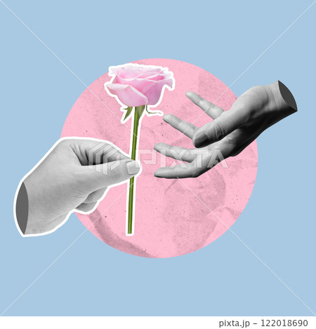 A human hand giving a pink rose flower to another on a colored background 122018690