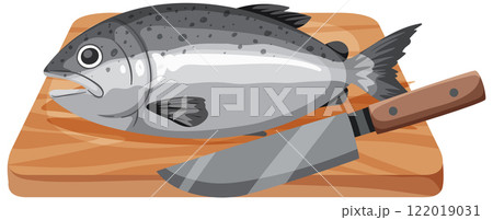 Fish on Cutting Board with Knife Fish on Cutting Board with Knife 122019031