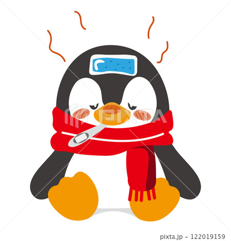 熱を出して体温計をくわえているペンギンのイラスト 122019159