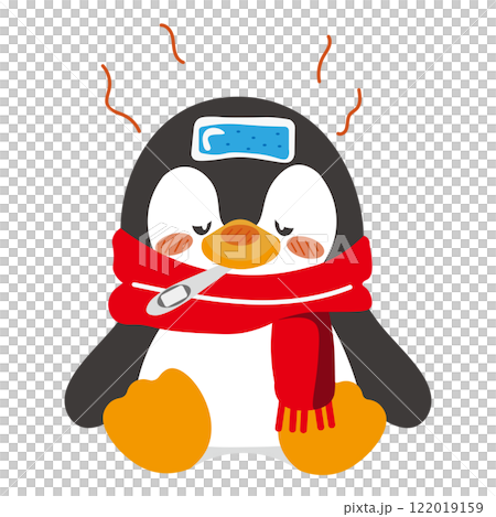 熱を出して体温計をくわえているペンギンのイラスト 122019159