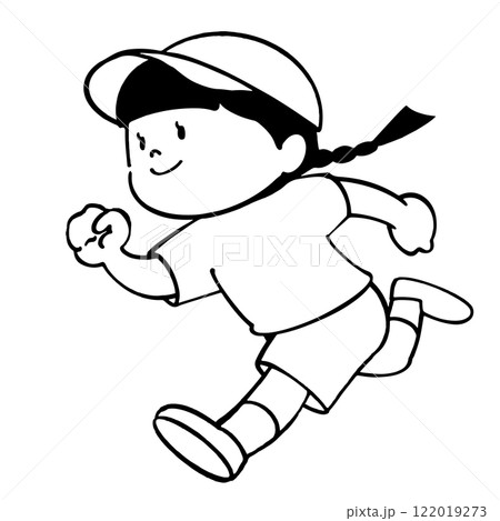 走っている女の子のモノクロのイラスト 122019273