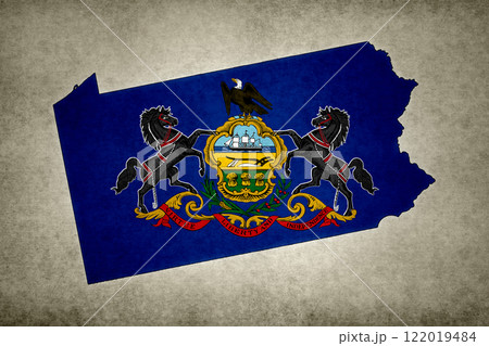 Map of the state of Pennsylvania with its flag on a paper Map of the state of Pennsylvania with its flag on a paper 122019484