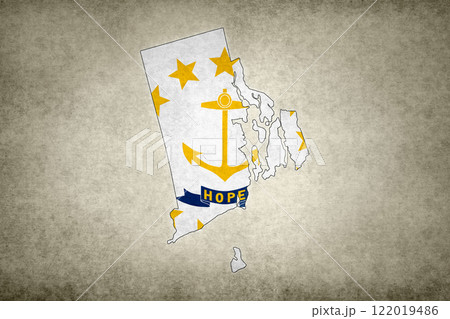 Map of the state of Rhode Island with its flag on a paper 122019486