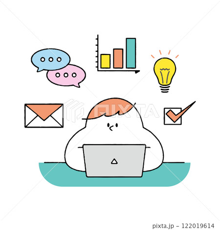 ビジネスアイコンとパソコン作業をする男性 ビジネスアイコンとパソコン作業をする男性 122019614