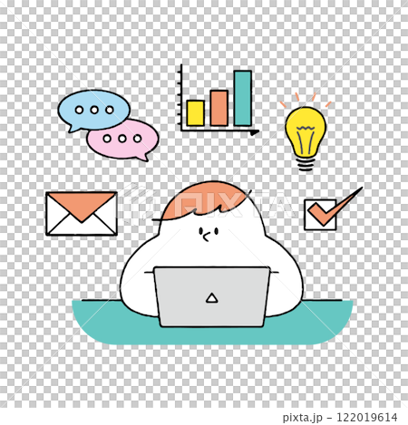 一個在帶有商業圖標的計算機上工作的人 122019614