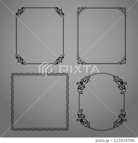 Set of decorative frames Elegant vector element for design in Eastern style, place for text. Floral black and gray borders. Lace illustration for invitations and greeting cards Set of decorative frames Elegant vector element for design in Eastern style, place for text. Floral black and gray borders. Lace illustration for invitations and greeting cards 122019786