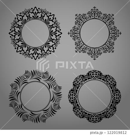 Set of decorative frames Elegant vector element for design in Eastern style, place for text. Floral black and gray borders. Lace illustration for invitations and greeting cards Set of decorative frames Elegant vector element for design in Eastern style, place for text. Floral black and gray borders. Lace illustration for invitations and greeting cards 122019812