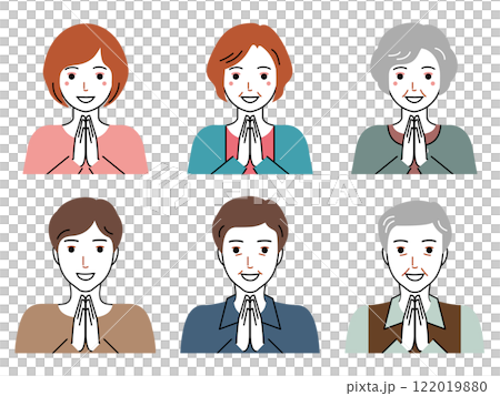 Men and women of three generations joining hands and saying "Itadakimasu" Men and women of three generations joining hands and saying "Itadakimasu" 122019880