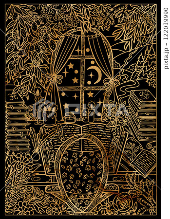 Black and gold illustration with mystic garden, plants and flowers, vintage chair and table with books and candles, magic window with fantasy landscape.  122019990