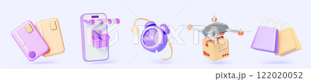 3d set of online shopping and fast delivery service render icon. Mobile phone with basket, bag, credit card, drone carry parcel box, clock with arrow speed, isolated design elements. 3D illustration 3d set of online shopping and fast delivery service render icon. Mobile phone with basket, bag, credit card, drone carry parcel box, clock with arrow speed, isolated design elements. 3D illustration 122020052