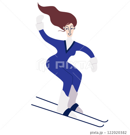Vector female skier in blue sweater. Winter illustration for resort and ski tourism. Sport. Clipart. 122020382