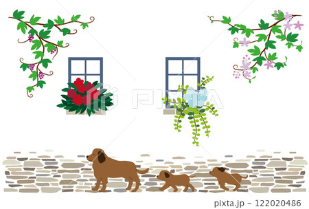 窓辺に植物をあしらった建物の外壁の下を犬の親子が歩いている背景イラスト 窓辺に植物をあしらった建物の外壁の下を犬の親子が歩いている背景イラスト 122020486