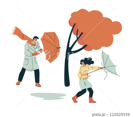 Storm with Man and Woman Character Struggle with Umbrella in Hurricane Vector Illustration 122020539