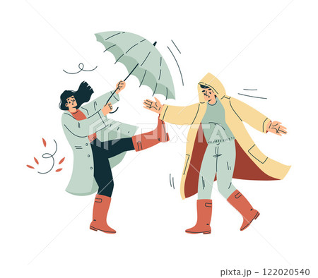 Storm with Man and Woman Character Struggle with Umbrella in Hurricane Vector Illustration 122020540