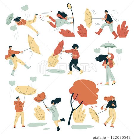 Storm with People Character Struggle with Umbrella in Hurricane Vector Set 122020542