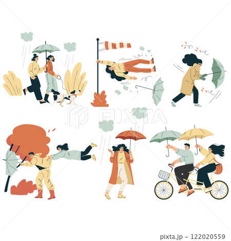 Storm with People Character Struggle with Umbrella in Hurricane Vector Set 122020559
