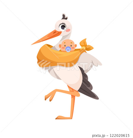 Stork Carry Baby in Wrap with Beak Vector Illustration 122020615