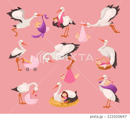 Stork Carry Baby in Wrap with Beak Vector Set 122020647