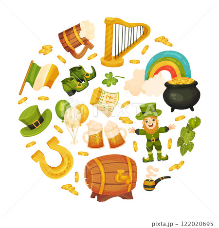 St. Patrick Day Round Composition Design with Symbol Vector Template 122020695
