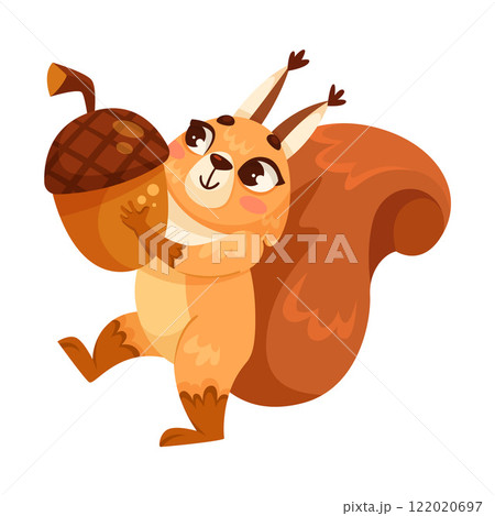 Funny Squirrel Animal Character with Bushy Tail Hold Acorn Vector Illustration 122020697