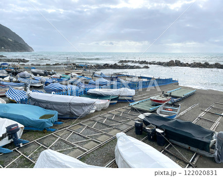 Boats in marina covered with covers. Fishing and season. Sea and lifestyle.  122020831