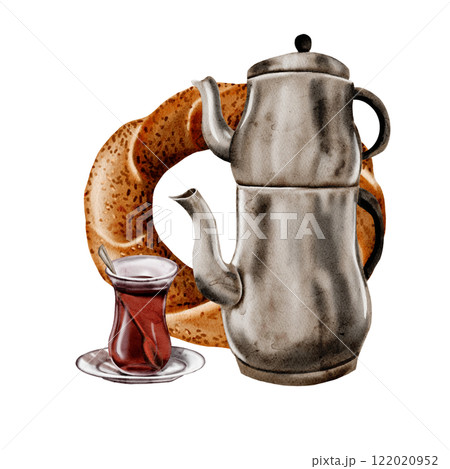 Turkish breakfast. Simit bagel and tea in a glass. glass on saucer. Black strong tea. Traditional snack. Watercolor illustration. 122020952
