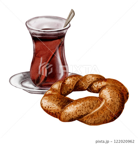 Turkish breakfast. Simit bagel and tea in a glass. Spoon in a glass. Black strong tea. Watercolor illustration.  122020962