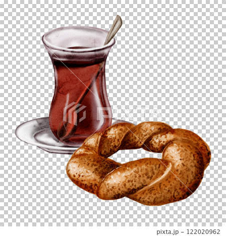 Turkish breakfast. Simit bagel and tea in a glass. Spoon in a glass. Black strong tea. Watercolor illustration.  122020962