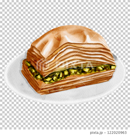 A piece of baklava lies on a plate. Honey, multi-layered baklava with pistachios and nuts. Turkish dessert. Sweet oriental delicacy. Watercolor illustration. A piece of baklava lies on a plate. Honey, multi-layered baklava with pistachios and nuts. Turkish dessert. Sweet oriental delicacy. Watercolor illustration. 122020963