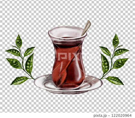 Turkish tea. A glass of tea and a saucer. There is a teaspoon in a glass. Traditions of Turkey. A sprig of a tea plant. A few green leaves. Fragrant black tea. Watercolor illustration. No background. Turkish tea. A glass of tea and a saucer. There is a teaspoon in a glass. Traditions of Turkey. A sprig of a tea plant. A few green leaves. Fragrant black tea. Watercolor illustration. No background. 122020964