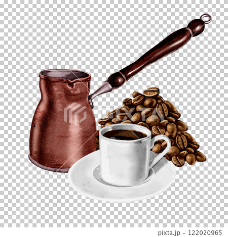 Coffee pot, coffee and cup with wofe. Breakfast composition. Copper and porcelain dishes. Coffee mood. Watercolor illustration.  122020965