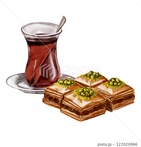 Turkish delicacies. Eastern sweets. Tea in a glass. Spoon inside. Baklava, Turkish delight, nuts and pistachios. Sweet dessert. Watercolor illustration. Turkish delicacies. Eastern sweets. Tea in a glass. Spoon inside. Baklava, Turkish delight, nuts and pistachios. Sweet dessert. Watercolor illustration. 122020966