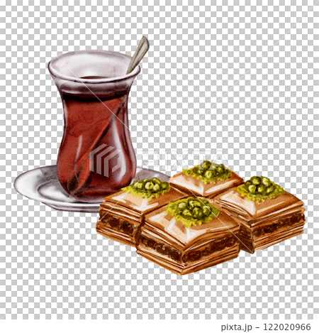 Turkish delicacies. Eastern sweets. Tea in a glass. Spoon inside. Baklava, Turkish delight, nuts and pistachios. Sweet dessert. Watercolor illustration. 122020966