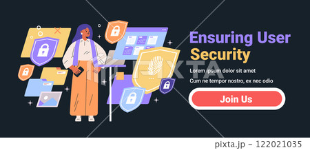 Ensuring user security woman holding smartphone surrounded by security icons computer screen dark background website banner 122021035