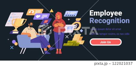 Employee recognition concept with two characters trophy money and icons on dark background website or mobile application screen Employee recognition concept with two characters trophy money and icons on dark background website or mobile application screen 122021037
