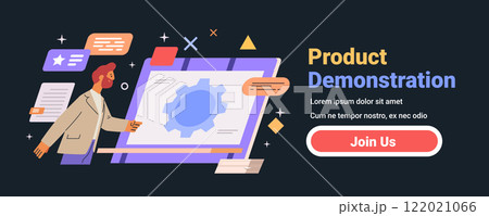 Business presentation dark mode interface concept. Person interacting with large screen gear icon abstract shapes dark background. Website banner template 122021066