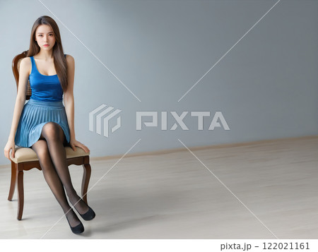 椅子以外の家具がないシンプルなスタジオの左端に座るキュートな女性 122021161