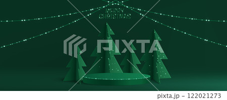 Green Christmas podium with paper cut pine trees 122021273
