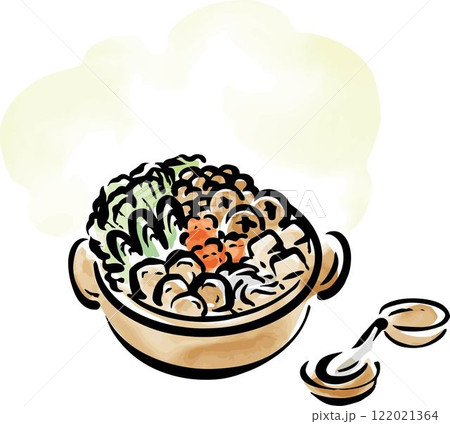 鍋　料理　日本食　墨絵　水墨画　水彩　手描き　イラスト素材 122021364